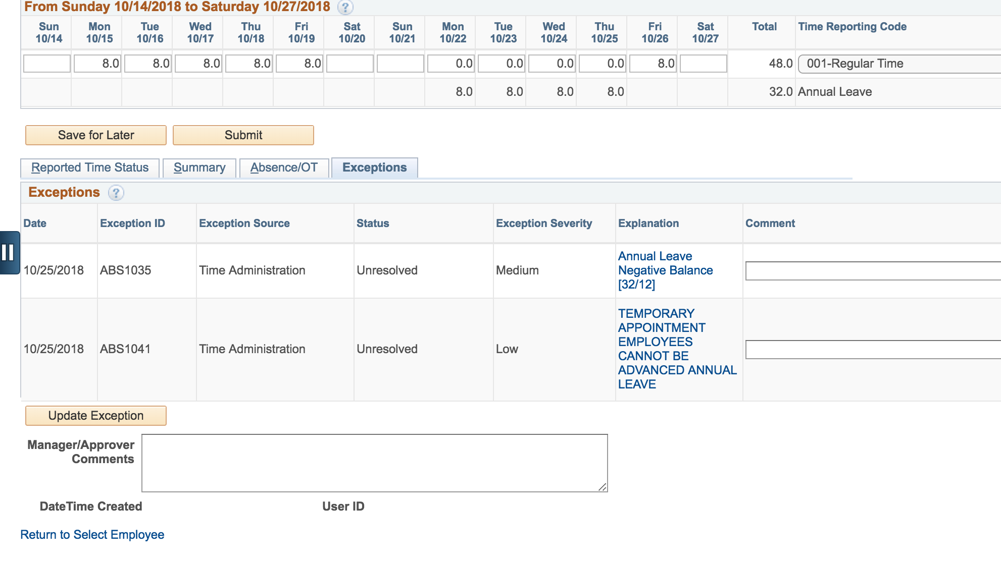 Screenshot reflecting negative leave balance exception